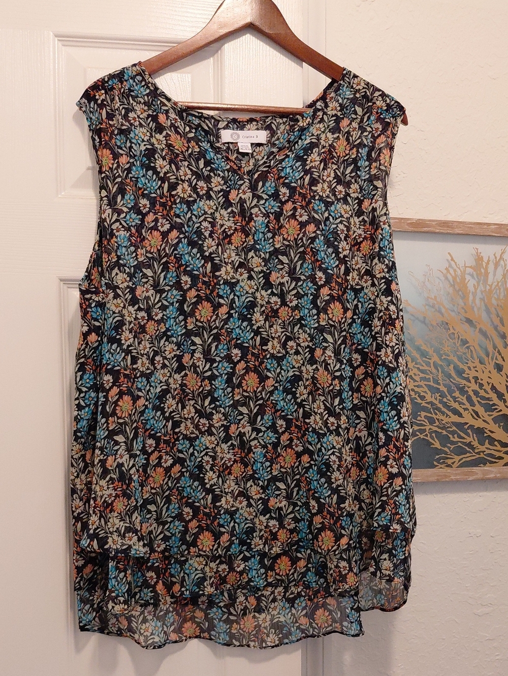 Caslon Black Floral V-Neck Sleeveless Camisole — Turquoise & Rust Floral